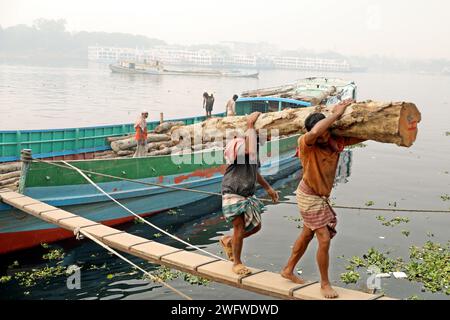 Dhaka, Bangladesch. Februar 2024. Arbeiter sortieren Holzscheite, die am 1. Februar 2024 von einem Boot am Ufer des Buriganga River in Dhaka entladen wurden. Foto: Habibur Rahman/ABACAPRESS.COM Credit: Abaca Press/Alamy Live News Stockfoto