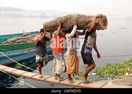 Dhaka, Bangladesch. Februar 2024. Arbeiter sortieren Holzscheite, die am 1. Februar 2024 von einem Boot am Ufer des Buriganga River in Dhaka entladen wurden. Foto: Habibur Rahman/ABACAPRESS.COM Credit: Abaca Press/Alamy Live News Stockfoto