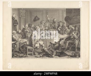 Gesellschaft von trinkenden und rauchenden Männern, William Hogarth, 1732 drucken der Raum ist St. John's Coffe-House, Shire Lane, Temple Bar um vier Uhr morgens. Alle Männer sind mehr oder weniger betrunken. Der Mann, der spains aus der Schüssel trinkt, ist der mögliche Redner Henley von Parson Cornelius. Der Mann, der ihm seine eigene Perücke auf den Kopf legt, ist vielleicht John Harrison. Der Mann, der die raue Hülle anstelle der Pfeife anzündet, ist Politiker. Ein Mann fällt im Vordergrund zu Boden; er wird mit Getränken aus einer kleineren Flasche getoppt. Der Mann mit Pfeife und Nachthut, neben dem schlafenden Mann, ist möglicherweise Stockfoto