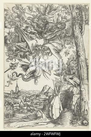 Antonius’ Versuchung mit Angriff durch Dämonen, Lucas Cranach (I), 1506 Druck der Heilige Antonius wird während seines Aufenthalts in der Wüste von Dämonen in einer Halluzination angegriffen. Er schwimmt in der Luft zwischen seltsamen Kreaturen, die aus allen Arten von tierischen Körperteilen zusammengesetzt zu sein scheinen. Unten rechts sehen Sie die Höhle des Antonius neben einem Baum und einen Blick auf eine Stadt auf einem Fluss in einer Landschaft. An der Spitze des Baumes befinden sich zwei Schilde mit dem kurfürstlichen und dem Herzoglichen Wapen van Sachsen. Deutschland Zeitung St.. Antony Abt wurde von Teufeln gequält, greift ihn auf dem Boden an oder trägt ihn in die Höhe Stockfoto