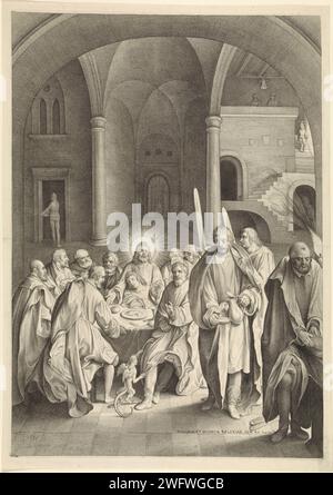 Letztes Abendmahl, Nicolaes de Bruyn, 1632 drucken Christus und seine Schüler an einem Tisch. Christus segnet das Essen. Ein Teufel zieht seinen Teppich zu Judas. Rotterdamer Papierstich Institution der Eucharistie, d. h. Christus zeigt oder segnet Brot (Wirt) und/oder Wein (Matthäus 26,26-27; Markus 14,22-23; Lukas 22,19-20; Johannes 13,26; 1. Korinther 11,23-25). Satan kommt in Judas  Letztes Abendmahl Stockfoto