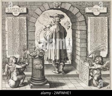 Allegorische Darstellung einer Sonnenfinsternis in Stockholm im Jahre 1535, Jacob Matham (zugeschrieben), 1596–1600 drucken Einen Mann, der in einem Tor steht, auf der Rückseite gesehen. Ich schaue durch das Portal zu einer Stadt. In der Luft Sonne, Mond und Sterne. Links ein Putto mit einem Rauchtopf, rechts ein Putto mit Palmenzweig und Lorbeerkranz. Haarlem Papier Gravur Sonnenfinsternis Stockholm Stockfoto