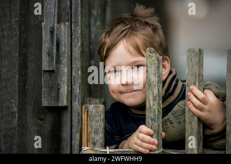 Ein kleiner Landjunge blickt hinter einem Holzzaun hervor. Stockfoto