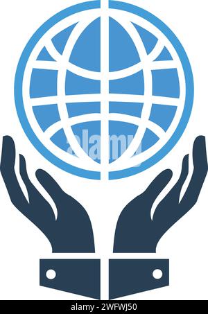 Erfassen Sie globale Innovationen mit unserer Hand, die die Globe Technology Logo-Vorlage hält. Dieses Emblem symbolisiert Konnektivität, Fortschritt und technologische Entwicklung Stock Vektor