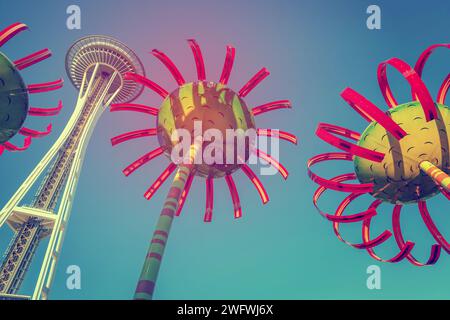 SEATTLE, WA - 28. JULI 2017: Die legendäre Space Needle von Seattle wurde für die Weltausstellung 1962 gebaut und ist eines der bekanntesten Wahrzeichen der Welt Stockfoto