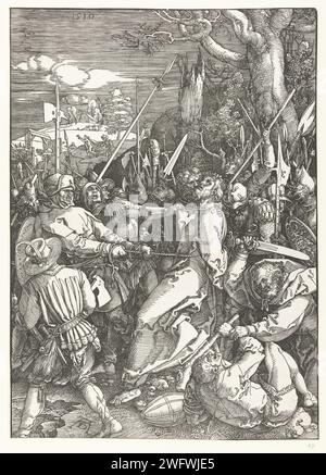 Sammlung, Albrecht Dürer, 1510 Druck Christus wird von Judas mit einem Kuss verraten und von Soldaten gefangen genommen. Dieser Druck ist Teil der Presseserie „die große Passion“, die aus einem Titelabdruck und 11 Szenen aus der leidenden Geschichte besteht. Nürnberger Zeitung der Judas-Kuss: Begleitet von Soldaten mit Fackeln und Laternen küsst er Christus Stockfoto