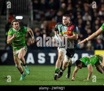 Harlequins George Hammond und Leicester Tigers Ollie Hassell-Collins in Aktion während Harlequins vs Leicester Tigers, The Stoop, Twickenham, London UK Stockfoto