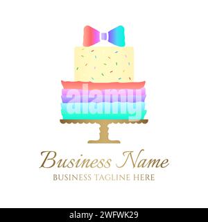 Regenbogenfarbenes Kuchen-Logo für Bäckerei oder Geburtstagsfeier mit einer bunten Schleife Stock Vektor