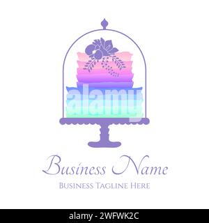 Mehrfarbiges Regenbogenkuchen-Logo für Bäckerei oder Geburtstagsfeier mit Blumen Stock Vektor