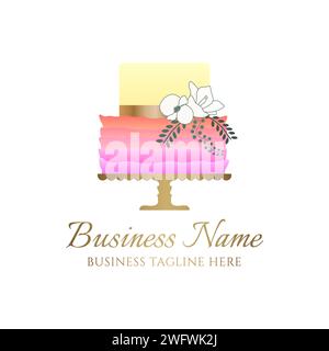 Mehrfarbiges Rainbow Cake Logo für Bäckerei Business oder Geburtstagsfeier in Gelb-, Orange-, Gold- und Pink-Farbverläufen Stock Vektor