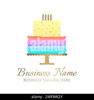 Niedliches Regenbogenfarbiges Kuchen-Logo für Bäckerei Business oder Geburtstagsfeier mit Kerzen und mehrfarbiger Dekoartion Stock Vektor