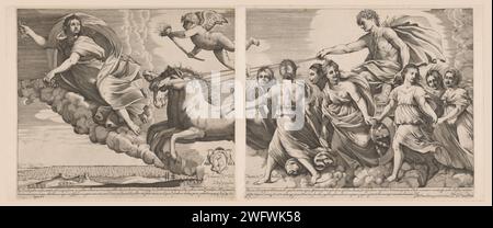 Apollo en Dawn, 1622 - ca. 1634 Druck Apollo de Zonnegod ist auf seinem Auto, das von vier Pferden vorgezogen wird. Die Horae, die Göttinnen der Jahreszeiten, tanzen um ihn herum. Für ihn aus einem Putto mit einer Fackel und aurora. Mit Blumen bestreut, vertreibt Aurora die Nacht und bringt sie in den Morgengrauen. In der Mitte eines Wappens. Aufgabe und zweizeiliger Text in lateinischer Sprache am unteren Rand. Druckerei: Italien Gemälde von RomeVaticaanstad Papierstich Apollo in den Wagen der Sonne, gezeichnet von vier Pferden, gewöhnlich von Aurora mit einer Fackel, 'Carro del Sole' (Ripa). Stunden (Horae), Saisons Pala Stockfoto