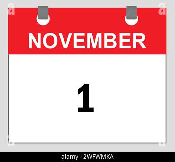 November First, Kalendersymbol Rot und weiß, Kalendervektor, Datumssymbol, Zeitplansymbol, Stock Vektor