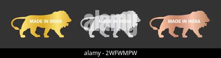 Made in India Icon Set mit Löwen-Silhouette. Symbolsatz Made in India für indische Produkte und industrielle Anwendungen. Hergestellt in Indien Löwensymbol. Stock Vektor