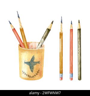 Isolierte Illustrationen sind handgemalt in Aquarellen: Kunstmaterialien, Bleistift, Glas, von Farben auf weißem Hintergrund. Stockfoto