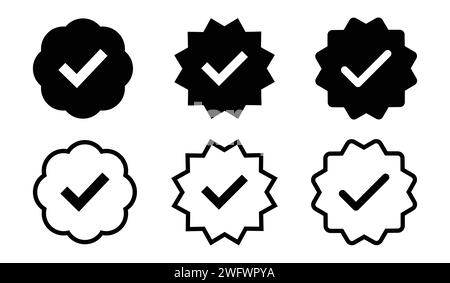 Mit schwarzem Häkchen verifizierte Symbolgruppe mit Füllung und Kontur. Häkchen, rechts, V, Verifizierungssymbol. Symbol für Akzeptieren, Abstimmung, Auswahl zur Verwendung in Apps und Profilen. Stock Vektor