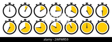 Uhrensymbol in gelber Farbe eingestellt. Stoppuhr-Symbolsatz. Countdown-Uhr Stoppuhr, Timer-Vektor-Illustration. Sammlung von Timer-Symbolen in Gelb. Stock Vektor
