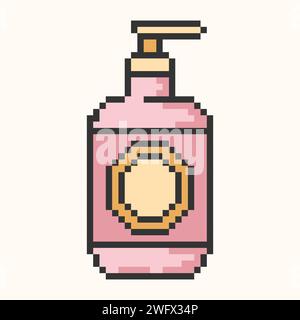 Plastikflaschenspender Pixel Art. Pumpe für Flüssigseife, Gel, Lotion, Creme, Shampoo, Badeschaum und andere Kosmetik. Vektor-Illustration EPS 10. Stock Vektor