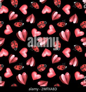 Marienkäfer und rote Herzen. Handgezeichnete Illustration mit Aquarell. Nahtloses Muster. valentinstag-Konzept. Für Textil, Stoff, Tapeten, Web, Packag Stockfoto