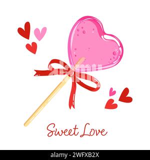 Hand gezeichnete Vektor-Illustration eines Lutschs auf einem Stock mit einer Schleife. Süßigkeiten in Form eines Herzens zum valentinstag Stock Vektor