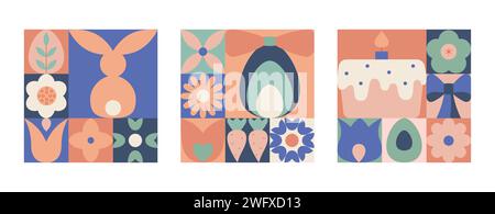 Abstrakte moderne quadratische geometrische osterkarten, Banner. Frühling, osterpostkarten mit Blumen, Häschen, Eiern. Stock Vektor