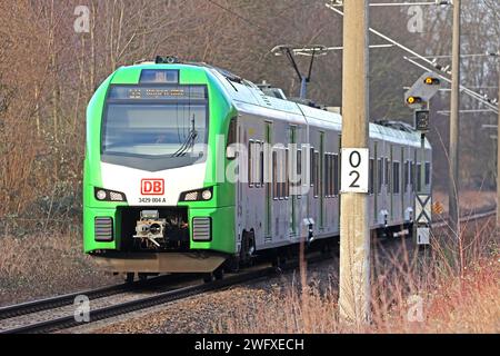 S-Bahn Rhein/Ruhr Linie S9 die S9 der DB-Regio S-Bahn Rhein/Ruhr durchfährt einen landschaftlich attraktiven Bereich zwischen Essen und Wuppertal zur Winterzeit. Essen Nordrhein-Westfalen Deutschland *** S-Bahn Rhein-Ruhr-Linie S9 die S9 der DB Regio S-Bahn Rhein Ruhr verläuft während der Wintersaison Essen Nordrhein-Westfalen Deutschland durch ein malerisches Gebiet zwischen Essen und Wuppertal Stockfoto
