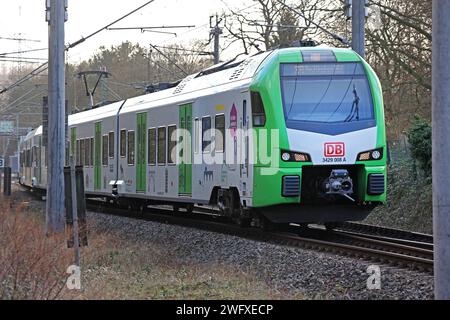 S-Bahn Rhein/Ruhr Linie S9 die S9 der DB-Regio S-Bahn Rhein/Ruhr durchfährt einen landschaftlich attraktiven Bereich zwischen Essen und Wuppertal zur Winterzeit. Essen Nordrhein-Westfalen Deutschland *** S-Bahn Rhein-Ruhr-Linie S9 die S9 der DB Regio S-Bahn Rhein Ruhr verläuft während der Wintersaison Essen Nordrhein-Westfalen Deutschland durch ein malerisches Gebiet zwischen Essen und Wuppertal Stockfoto