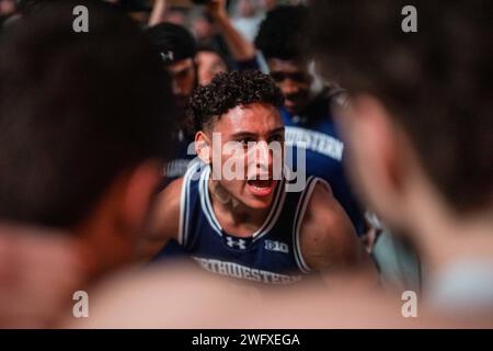 West Lafayette, Indiana, USA. Januar 31, 2024. Northwestern Wildcats Guard TY BERRY (3) bringt sein Team vor dem NCAA menÃs Basketballspiel zwischen den Northwestern Wildcats und den Purdue Boilermakers am Mittwoch, den 31. Januar 2024, in der Mackey Arena in West Lafayette, Ind (Kreditbild: © David Wegiel/ZUMA Press Wire) NUR REDAKTIONELLE VERWENDUNG! Nicht für kommerzielle ZWECKE! Stockfoto