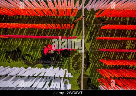 Aus der Vogelperspektive von Menschen, die in einer öffentlichen Wäscherei arbeiten, die zum Trocknen von bunten Stoffen in Narayanganj, Dhaka, Bangladesch hängend sind. Stockfoto