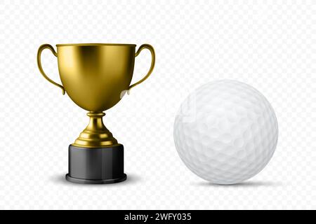 Vektor 3D realistische leere Golden Champion Cup Icon mit Golf Ball Set Nahaufnahme isoliert. Design-Vorlage für die Meisterschaft-Trophäe. Sports Awards, Sieg Stock Vektor