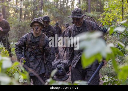 US-Marines evakuieren mit der Marine Corps Air Station (MCAS) Beaufort einen simulierten Unfall während der Improvisated explosive Device (IED) Lane für den Corporals Course, der am 1. September 2023 in Beaufort, South Carolina stattfindet. Die IED Lane testete die Fähigkeit der Marines, durch widriges Gelände zu navigieren und dabei IEDs zu vermeiden, Ausrüstung zu transportieren und Unfälle zu evakuieren. Der Korporalkurs ist ein einmonatiges professionelles militärisches Ausbildungsprogramm, das die Führungsfähigkeiten der Marines in kleinen Einheiten weiterentwickelt und sie weiterhin auf die Führung der Marines vorbereitet. Stockfoto