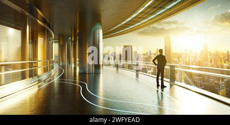 Geschäftsmann steht vor einem Luxusbüro und bewundert die atemberaubende Skyline der Stadt bei Sonnenaufgang. 3D-Rendering Stockfoto