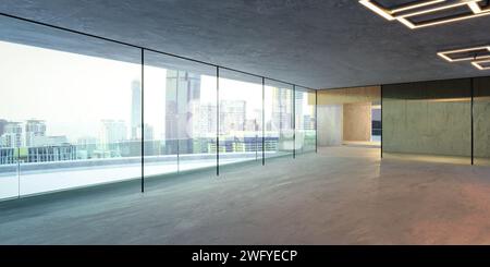 Blick auf die Stadt in leerem Büro mit Säulenfenster. 3D-Rendering Stockfoto