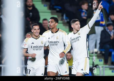 Madrid, Spanien. Februar 2024. Die Spieler von Real Madrid feiern beim Fußballspiel der spanischen Liga (La Liga) zwischen Getafe CF und Real Madrid am 1. Februar 2024 im Coliseum-Stadion in Madrid, Spanien. Gustavo Valiente/Xinhua/Alamy Live News Stockfoto