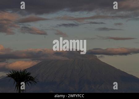 Magelang, Zentral-Java, Indonesien. Februar 2024. Allgemeine Ansicht des Mount Sumbing aus Srumbung Village, Magelang, Zentral-Java. Mount Sumbing ist ein Vulkan, der sich in drei Regionen Zentraljava befindet, nämlich Magelang Regency, Temanggung Regency und Wonosobo Regency. Der Mount Sumbing ist der dritthöchste Berg der Insel Java nach dem Mount Semeru und dem Mount Slamet mit einer Höhe von 3.371 Metern über dem Meeresspiegel. (Kreditbild: © Angga Budhiyanto/ZUMA Press Wire) NUR REDAKTIONELLE VERWENDUNG! Nicht für kommerzielle ZWECKE! Stockfoto