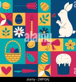 Geometrisches, farbenfrohes nahtloses Muster für frohe Ostern. Trendige, minimalistische Vektor-Illustrationen für den Urlaub. Dekoration auf der Website Stock Vektor