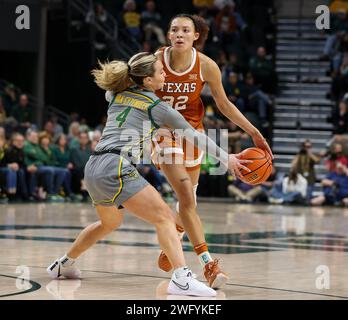 1. Februar 2024: Jana Van Gytenbeek (4) stiehlt den Ball von Ndjakalenga Mwenentanda (32) während eines Big 12 Frauen Basketballspiels zwischen den Baylor Bears und Texas Longhorns am 1. Februar 2024 in Waco. Texas gewann 67:55. (Kreditbild: © Scott Coleman/ZUMA Press Wire) NUR REDAKTIONELLE VERWENDUNG! Nicht für kommerzielle ZWECKE! Stockfoto