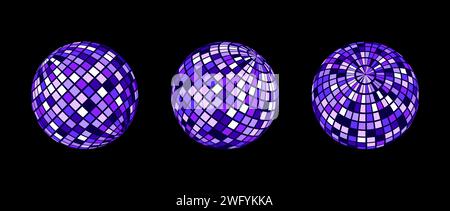 Set aus blauem, violettem Disco-Ball. Sammlung von Drahtmodellkugeln in verschiedenen Winkeln. Gitterkugel oder kariertes Kugelbündel. Glühendes Spiegelkugelelement für Poster, Banner, Musikcover, Party. Vektor Stock Vektor