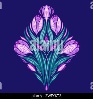 Vektorillustration von Krokussen und Laub. Dekorative Karte mit Frühlingsblumen auf violettem Hintergrund. Symmetrischer Blumenstrauß für Postkarten Stock Vektor