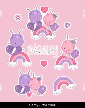 Sticker-Kollektion verliebte romantische Paarschnecke. Niedliches Kawaii Valentinstag Charakter Insektenmädchen und -Junge auf Regenbogen mit Herz und Schriftzug I love you. Stock Vektor