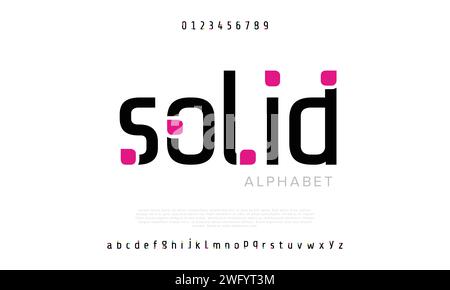 Moderne abstrakte digitale Alphabetschrift. Minimale Technologie-Typografie, futuristische Schriftart für kreative Sportmode und mit Zahlen. Vektorabbildung Stock Vektor