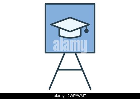 Tafel mit Graduiertenhut-Symbol. Symbol für Fusion akademischer Leistungen, Bildung. Symbolstil für flache Linien. Elementabbildung Stock Vektor