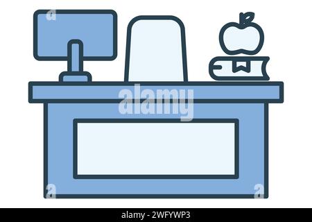 Symbol des Lehrerpults mit Computer. Symbol für den Bildungsbereich, technologieintegrierte Lernzentrale. Symbolstil für flache Linien. Elementabbildung Stock Vektor