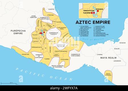 Aztekenreich mit Nebenprovinzen, Geschichtskarte. Maximales Ausmaß von Triple Alliance Tenochtitlan, Tetzcoco und Tlacopan zur Zeit des spanischen Conqu Stockfoto