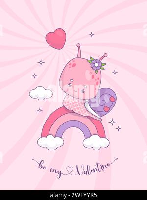 Süßes grooviges Schneckenmädchen auf Regenbogen. Lustige, verliebte Kawaii-Figur. Vektorabbildung. Coole Valentinskarte mit Poster und Schriftzug im Retro-Stil Stock Vektor