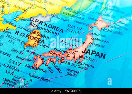 Weltkarte von japan und den Nachbarländern Nord- und südkorea aus nächster Nähe Stockfoto