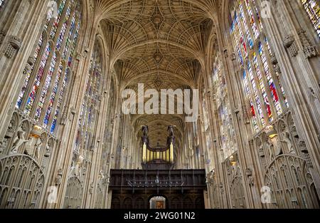 Cambridge, Großbritannien - 26. Juni 2010: Innenraum der King's College Chapel mit dem berühmten Harrison & Harrison Orgelschirm und dem größten Fan vau Stockfoto