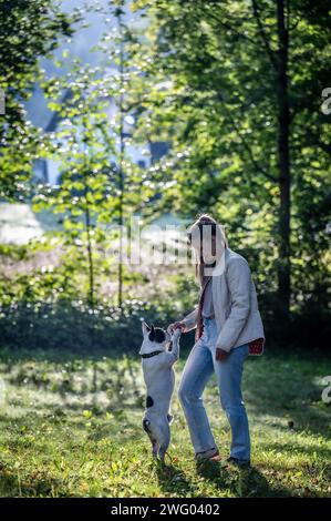 Frauen mit französischer Bulldogge auf einem Spaziergang Stockfoto
