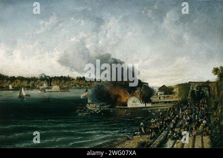 Titel: Burning of the Sidewheeler Henry Clay Datum: Ca. 1854–60 Kultur: Amerikanisches Medium: Öl auf Leinwand Stockfoto