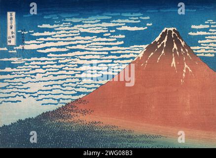 Japanische Kunst, Südwind, klarer Himmel, Katsushika Hokusai, Fuji, Holzschnitt Stockfoto